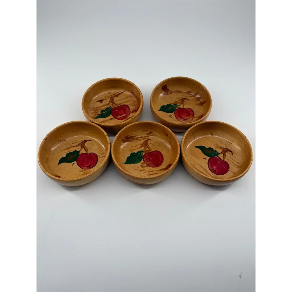 Vintage Hand Painted Wooden Bowls Set of 5 Red Apple Artisan Americana 5 Inch